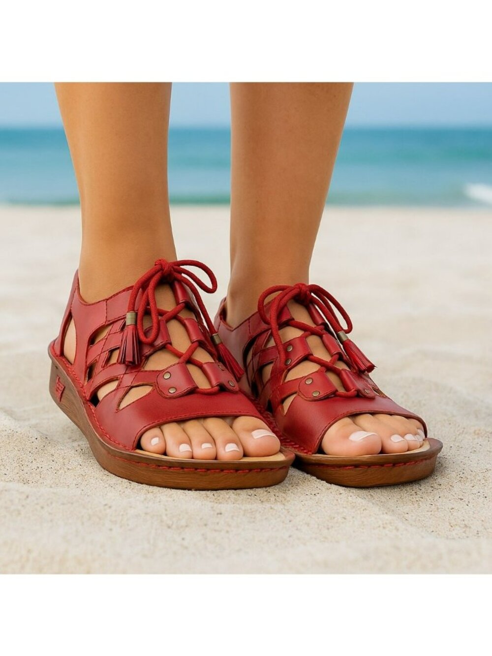 Alegria Red Leather Lace-Up Sandals Women’s Size 37  Open Toe Comfort Shoes
